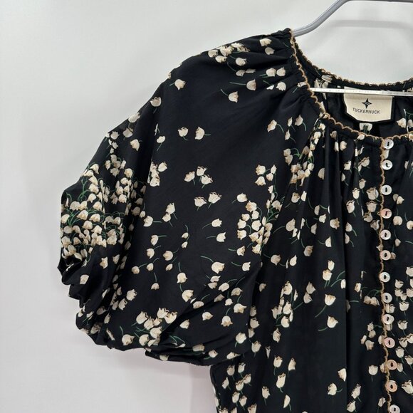 Tuckernuck Black Tossed Floral Mimi Midi Dress XS 100% Cotton A-Line Puff Sleeve - Picture 7 of 11